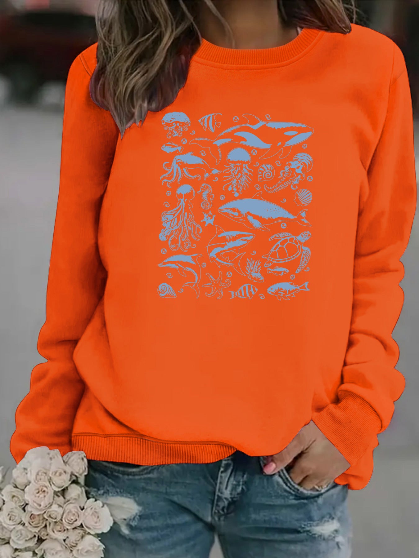 Ocean creature printed casual round neck long sleeved sweatshirt