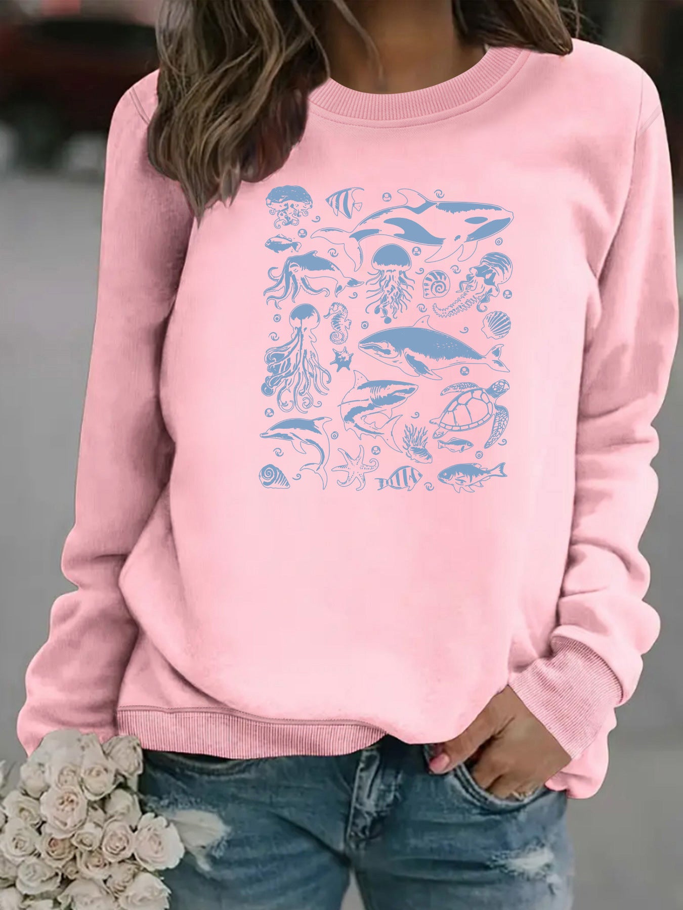 Ocean creature printed casual round neck long sleeved sweatshirt