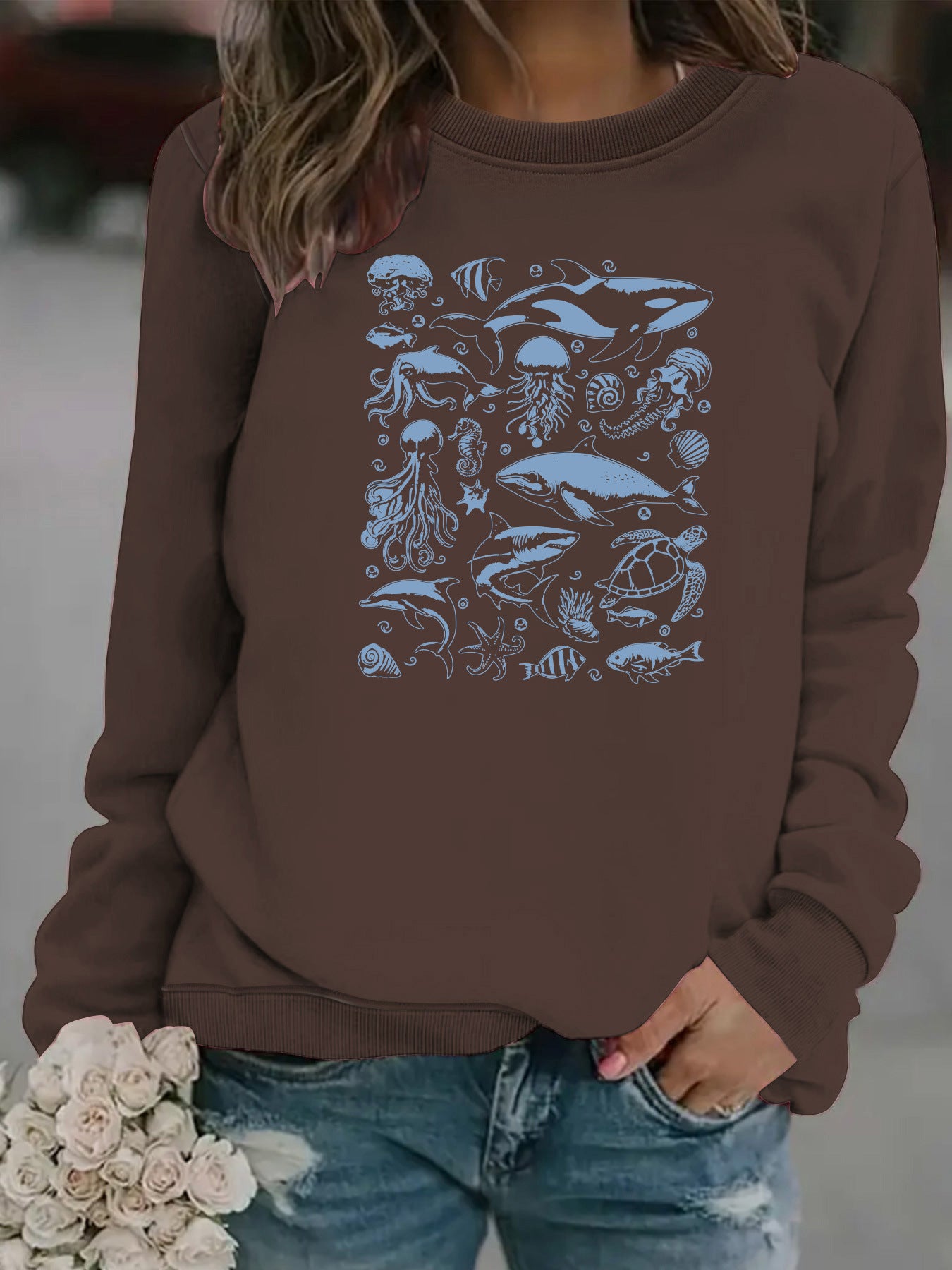 Ocean creature printed casual round neck long sleeved sweatshirt
