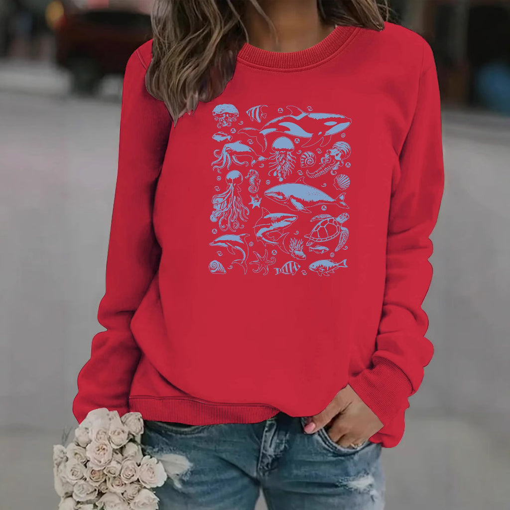 Ocean creature printed casual round neck long sleeved sweatshirt