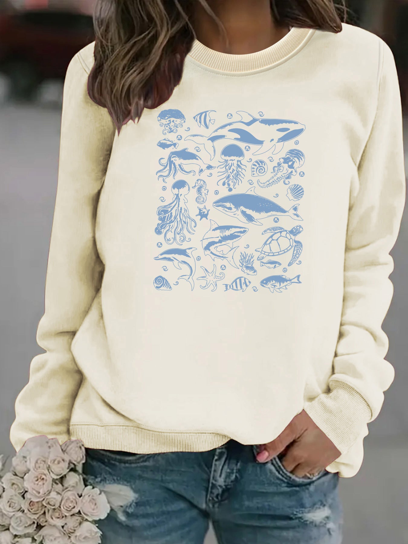 Ocean creature printed casual round neck long sleeved sweatshirt
