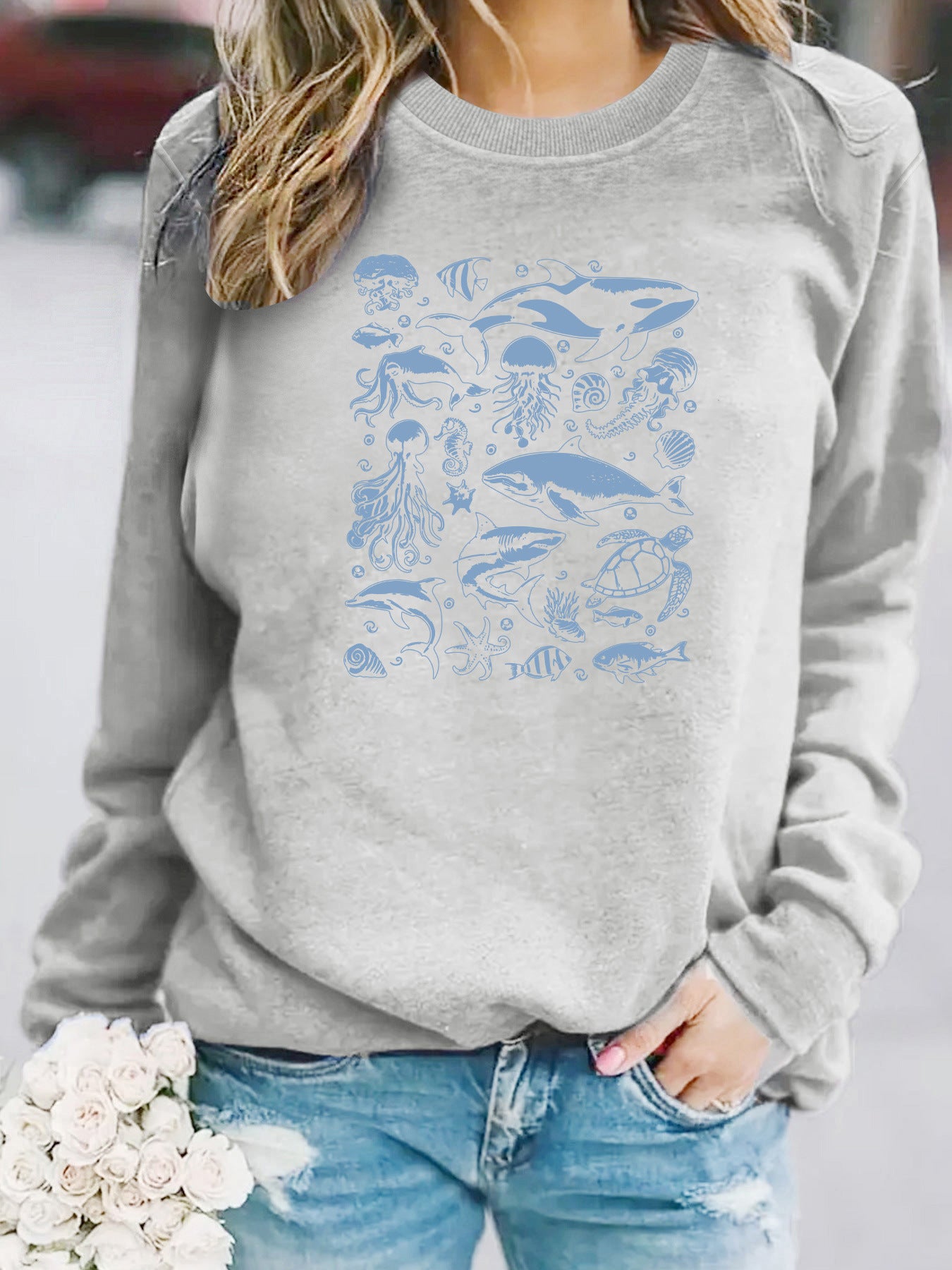 Ocean creature printed casual round neck long sleeved sweatshirt